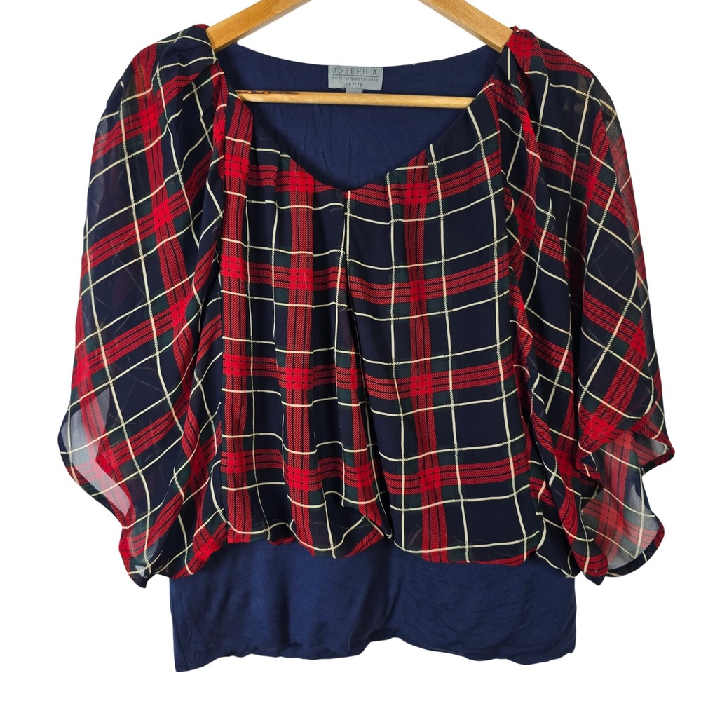 JOSEPH A Petite Plaid‎ Print Chiffon Overlay Top Navy Red Green Women's